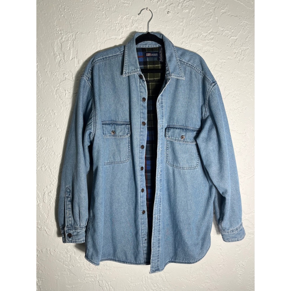 Faded Glory Men's XL Plaid Lined Denim Shirt Jacket Light Wash Workwear